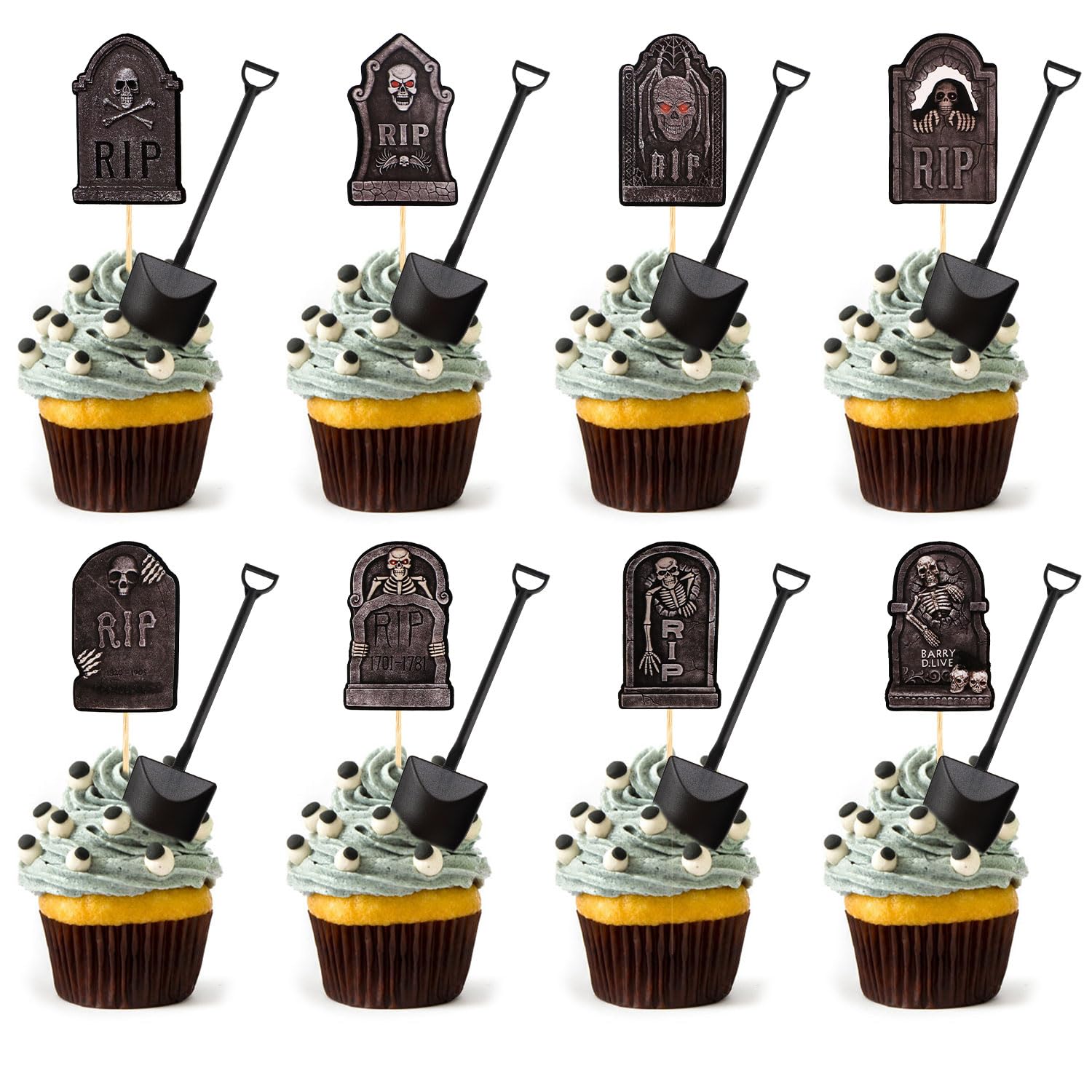 PEUTIER 32pcs Halloween Cupcake Toppers with Spoons - Tombstone Design, Black, Paper/Bamboo/Plastic, Model 01175