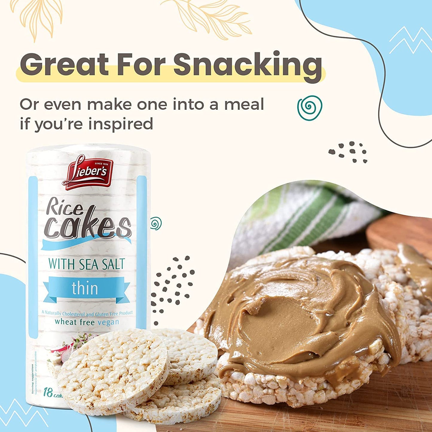 Liebers Thin Rice Cakes, Kosher Snack, Gluten Free, Vegan, Sea Salt, 1.55 oz (Pack of 6)