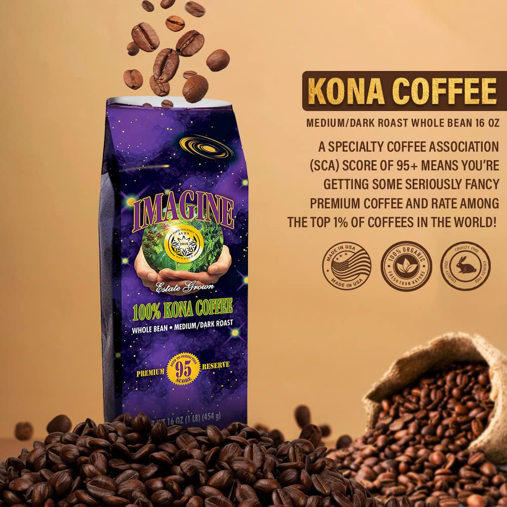 Imagine Kona Organic Coffee Beans | Arabica Kona Beans | Top Grade Air Roasted | Medium Dark Roast | Organic Whole Bean - 16Oz