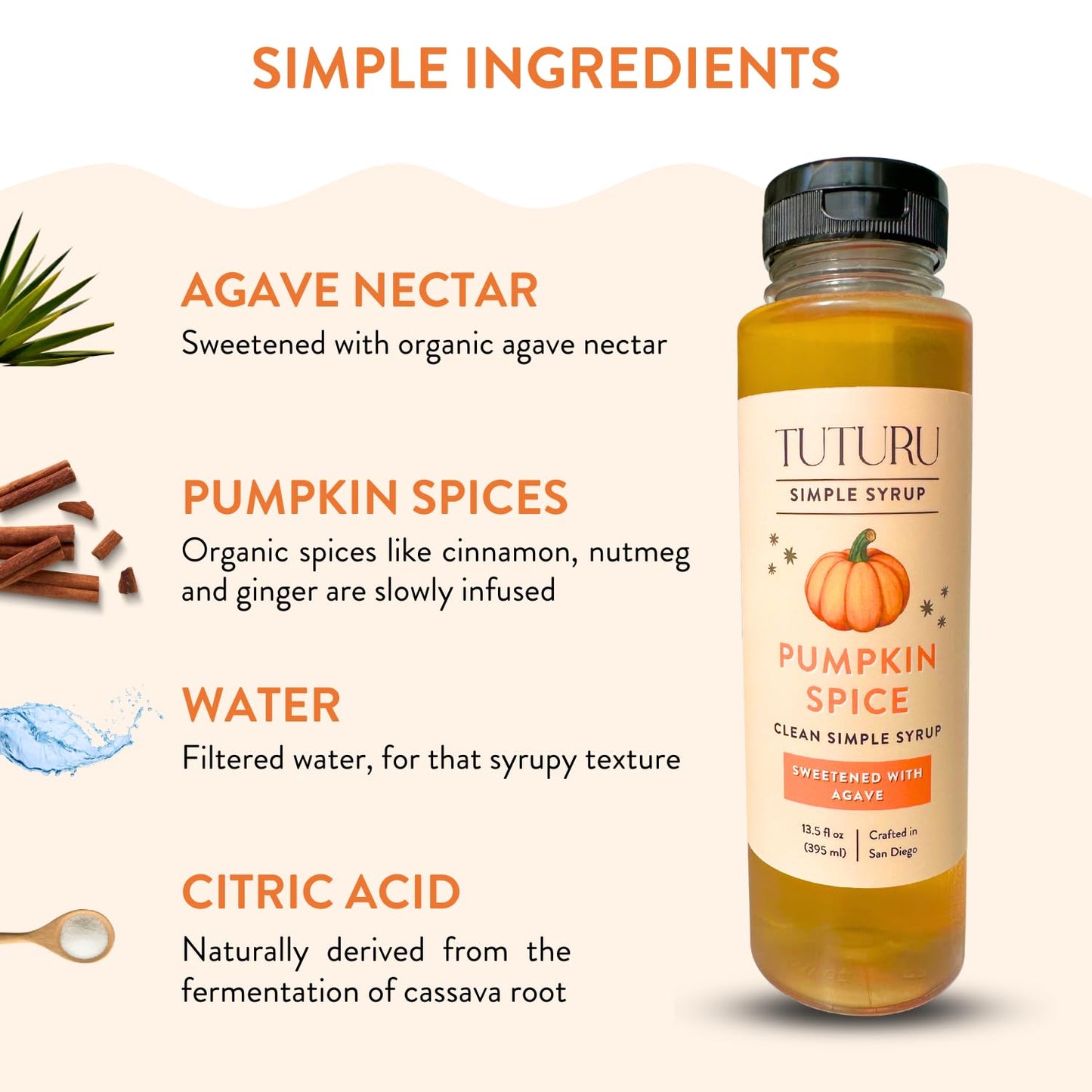 Pumpkin Spice Agave Simple Syrup for Coffee  Cocktails  Matcha - Sweetened with Agave Nectar - Infused with Real Pumpkin Spices - 13.5 oz