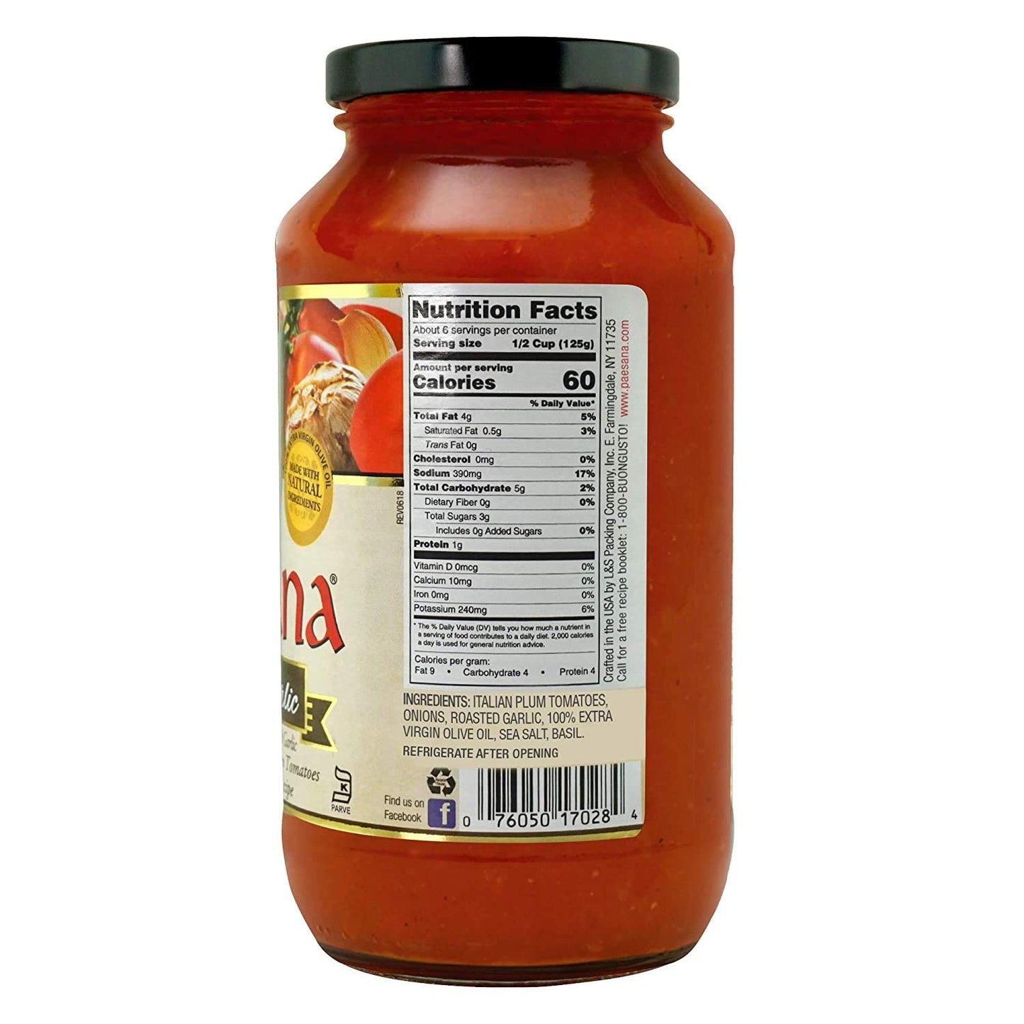 Paesana Traditional Roasted Garlic Pasta Sauce - Gluten Free, Vegan and made with 100% Imported Italian Tomatoes - Packed in USA