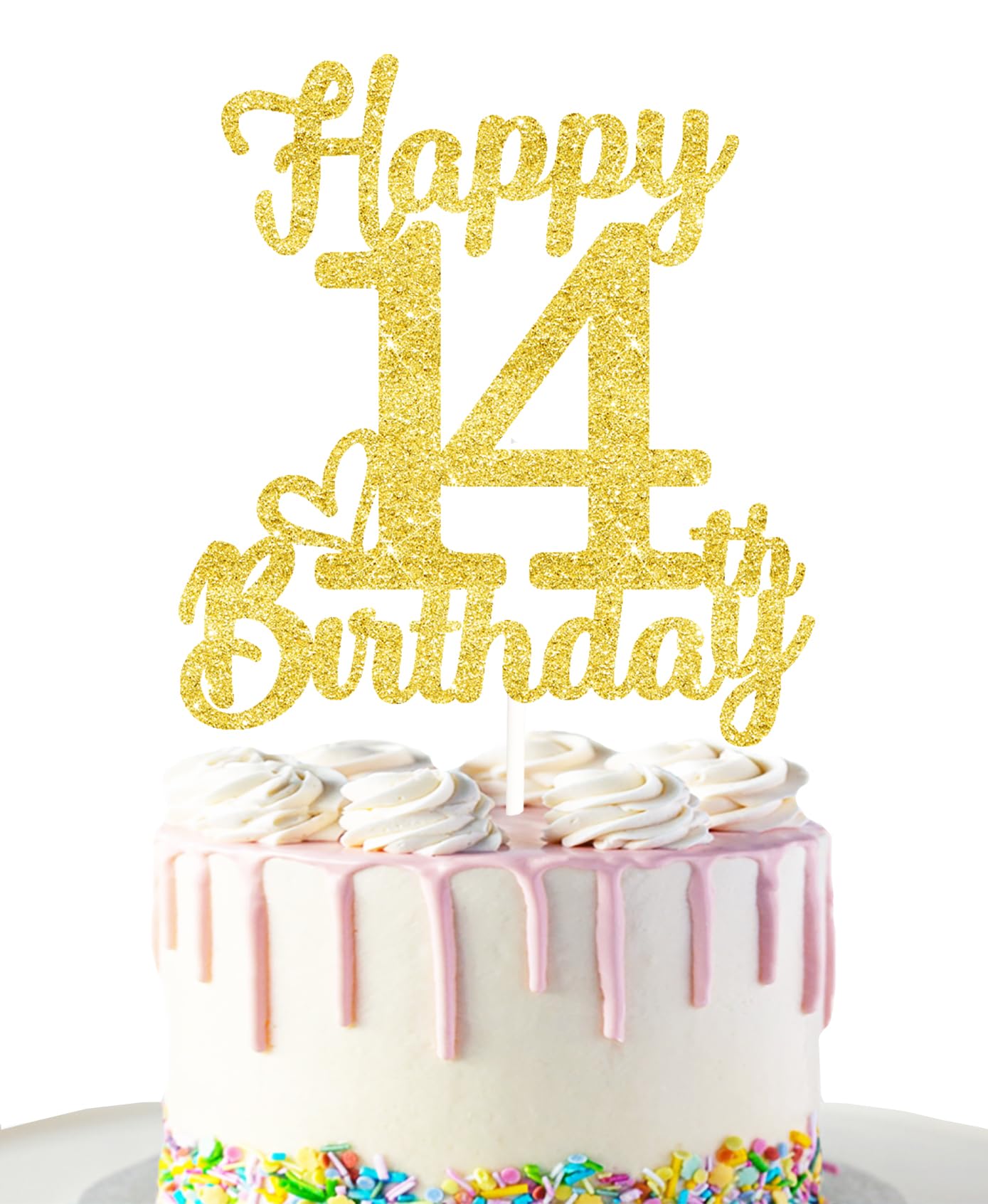 14Th Birthday Cake Topper - Double Sided Gold Glitter, Happy 14Th Birthday Cake Topper For Girls,14 Cake Decorations For Girls,