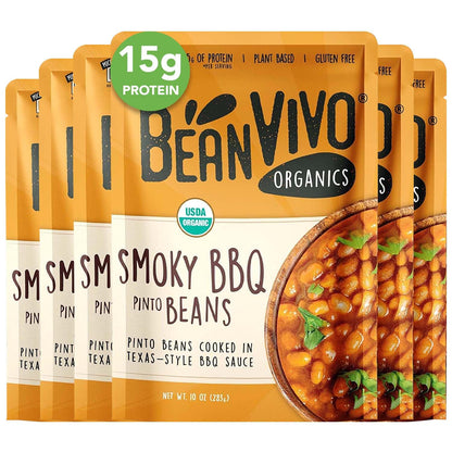 BeanVIVO (Pack of 6) Organics 15g Plant based Protein BBQ Pinto Beans - Good Source of Fiber - Nutritious & Microwave Meals - Gl