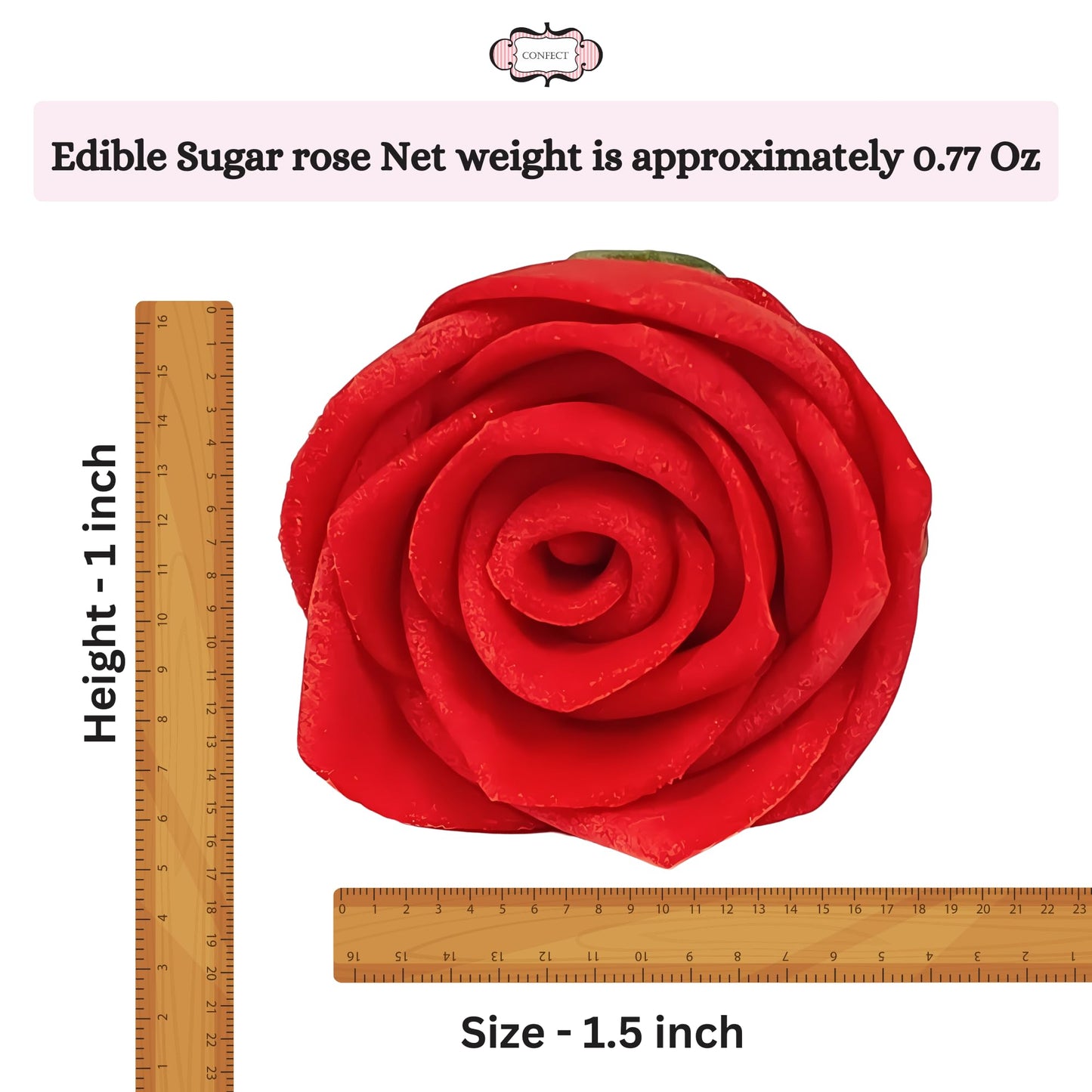 Confect Edible Red Rose Toppers - Pack Of 12 Christmas Cake Decorations For Cupcakes, Cakes & Donuts - Vegan, Gluten-Free, Dairy