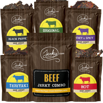 Jerky.com Beef Jerky Combo - Featuring Flavors Hot, Teriyaki, Original, Sweet & Spicy, Black Pepper - Gourmet Snack Gift for Men