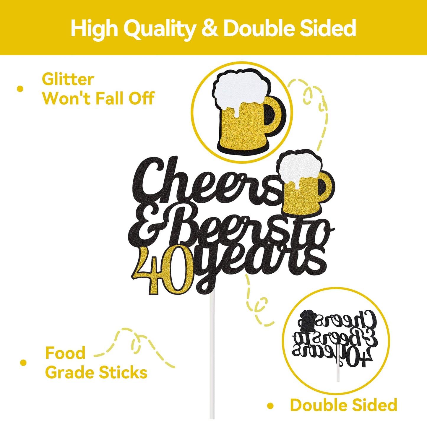 Joymee Cheers to 40 Years Cake Topper, Black and Gold Glitter, Double-Sided Birthday Party Decorations