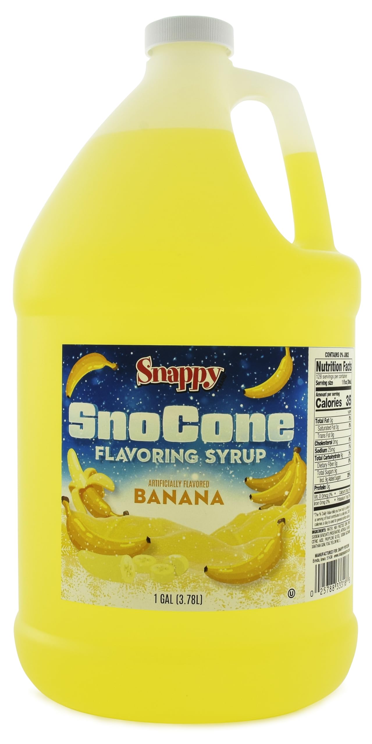 SNAPPY Sno Cone Syrup, 1 Gallon, Banana Flavor, Ready to Use, 12 Flavor Options, Model 33308GA