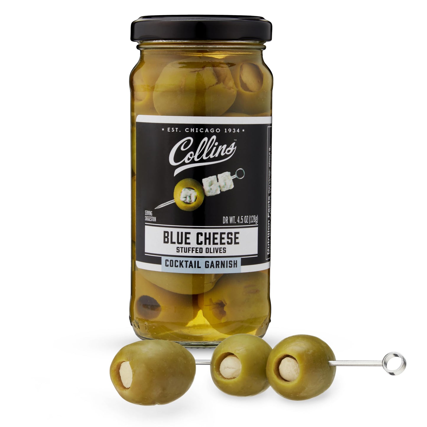 Collins Gourmet Blue Cheese Olives, Stuffed Cheese Garnish, 4.5 Oz, Glass Jar, Black Lid, Model O270