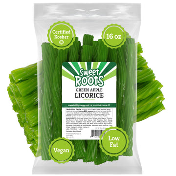 Sweet Roots Green Apple Licorice Twists (16 Oz / 1 Bag) - Jumbo Size - Made With Real Fruit Juice Concentrate - Certified Kosher