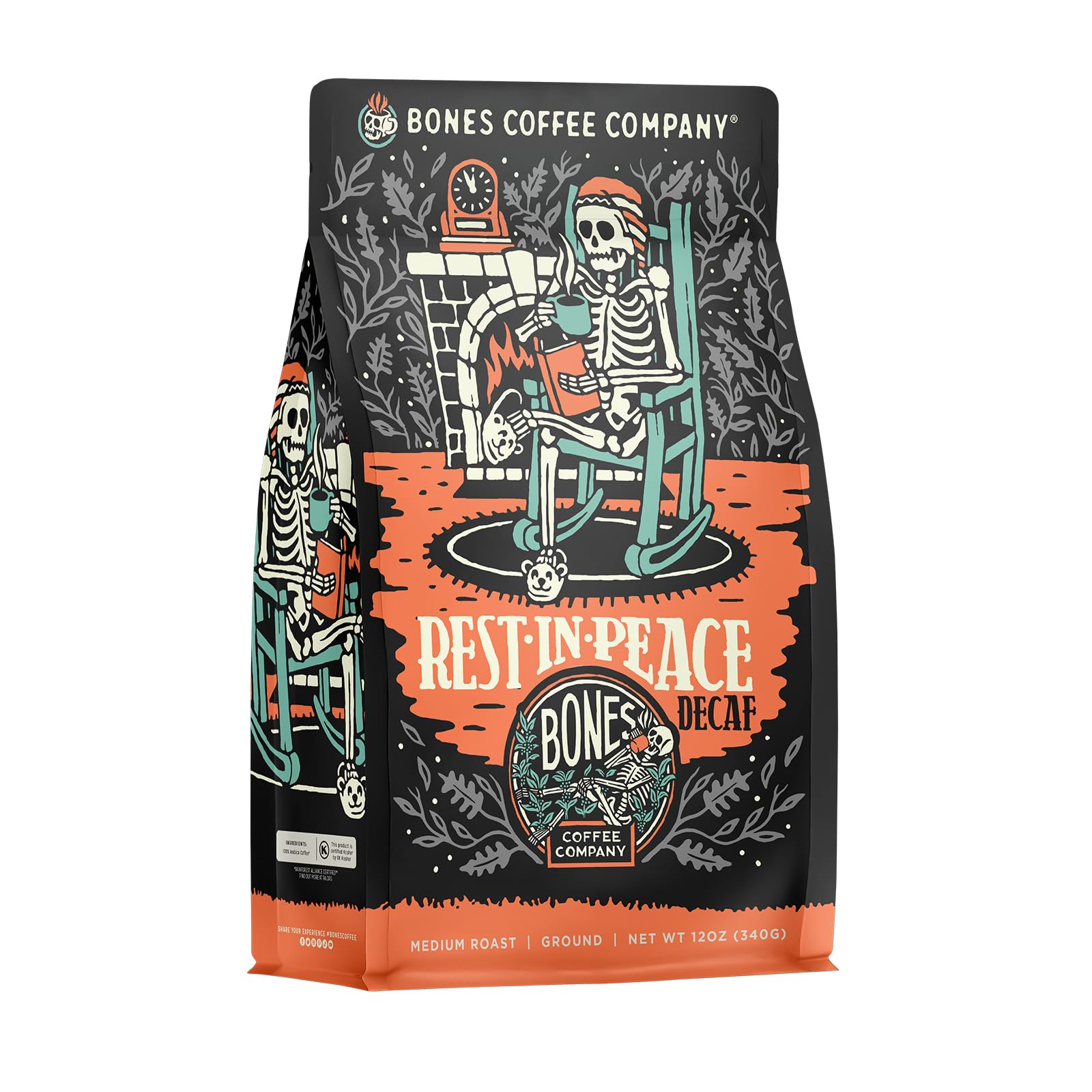 Bones Coffee Company Rest In Peace Decaffeinated Unflavored Coffee, Medium Roast Low Acid Arabica Beans Compatible With Auto Drip And French Press Coffee Maker, 12 Oz Ground