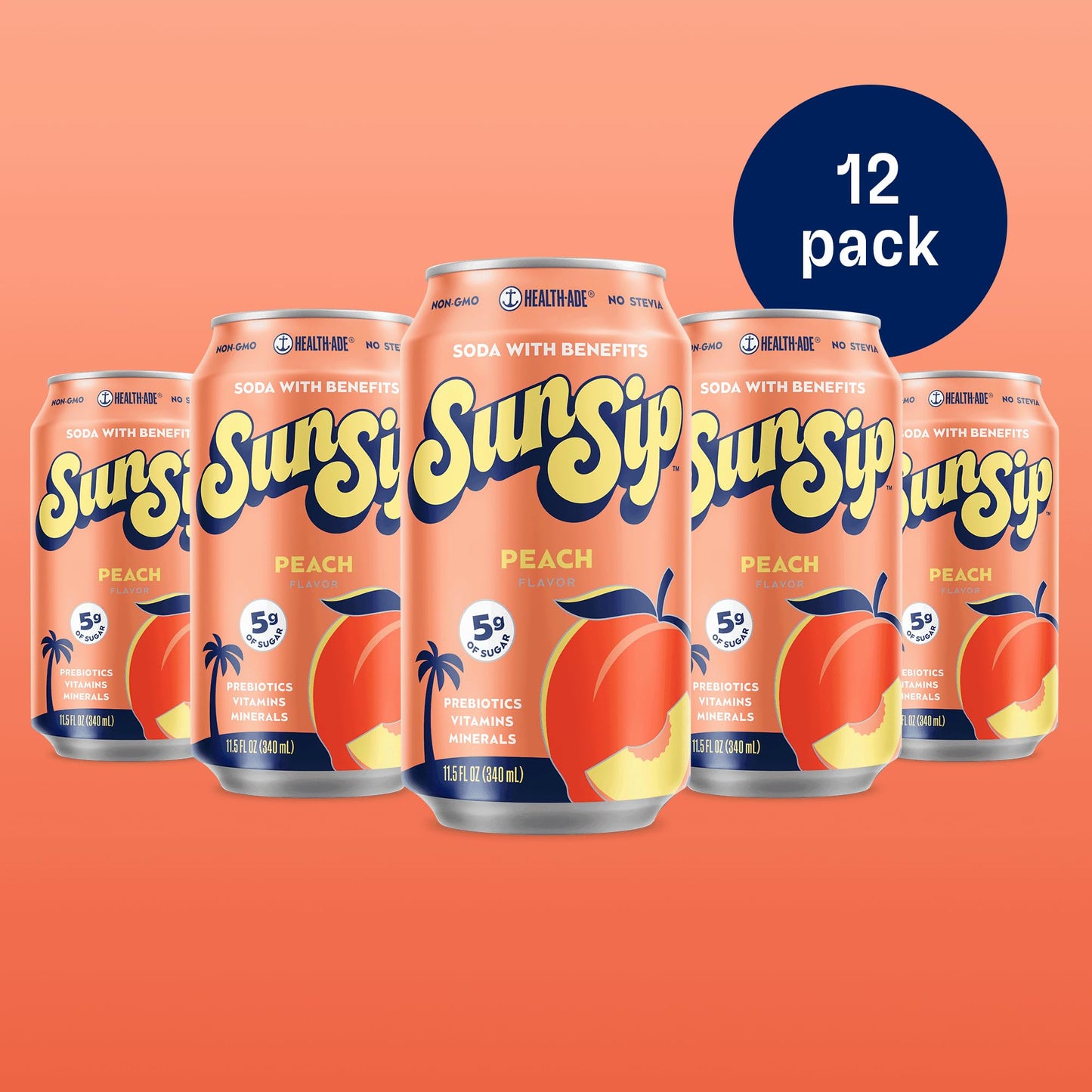Sunsip Prebiotic Soda By Health-Ade, Gut-Healthy Beverage, Soda Swap, Vitamins & Minerals, Naturally Sweetened, Peach, 11.5 Oz (