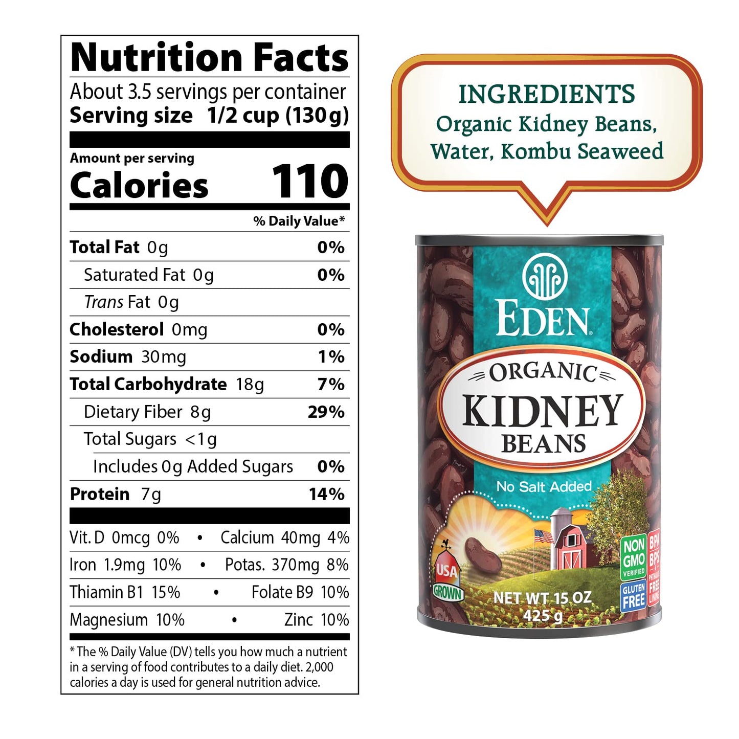 Eden Organic Red Kidney Beans, 15 Oz Can, No Salt Added, Non-Gmo, U.S. Grown, Heat And Serve, Macrobiotic, Red Beans (12-Pack)