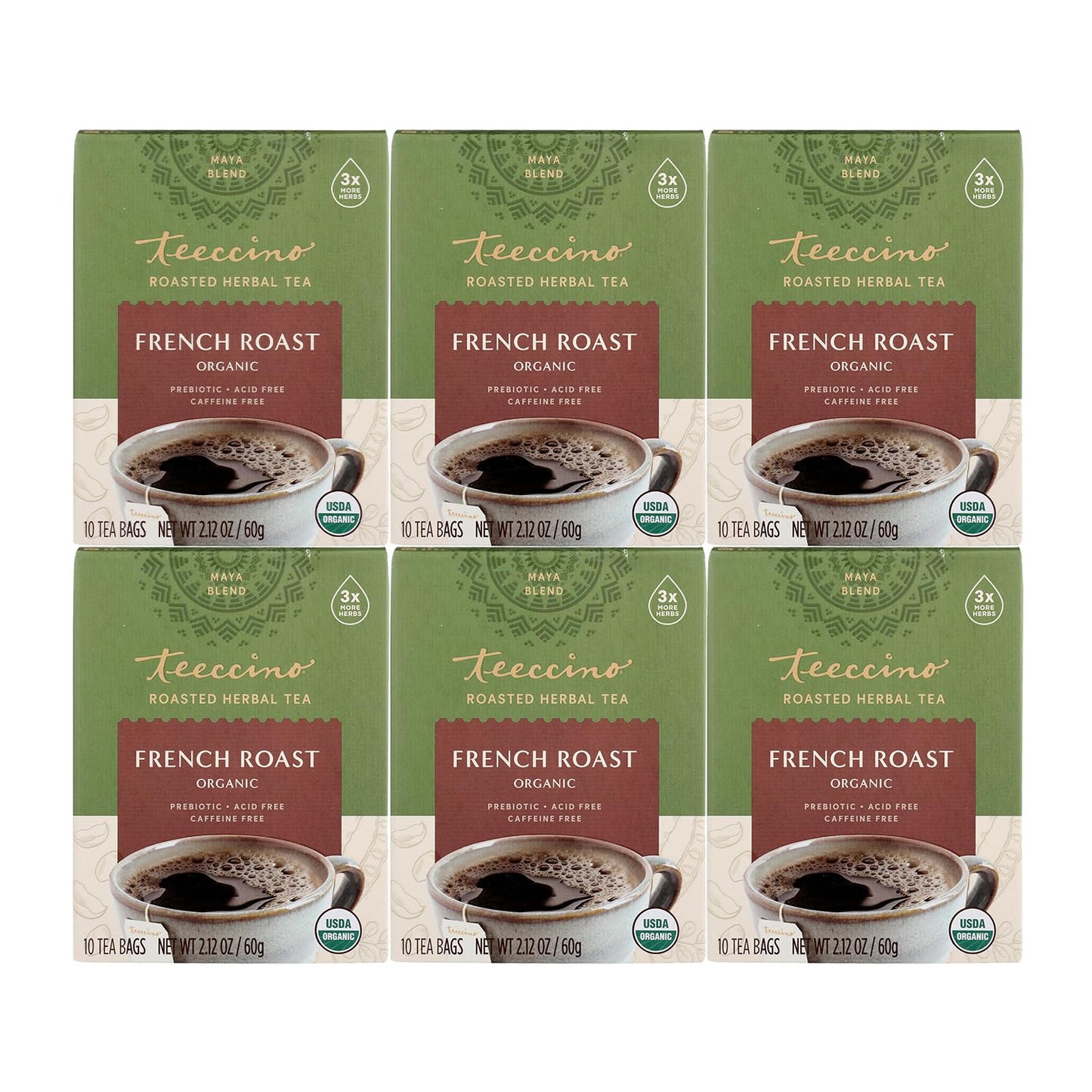 Teeccino French Roast Herbal Tea - Caffeine Free, Prebiotic, 10 Tea Bags, Pack of 6, Paper