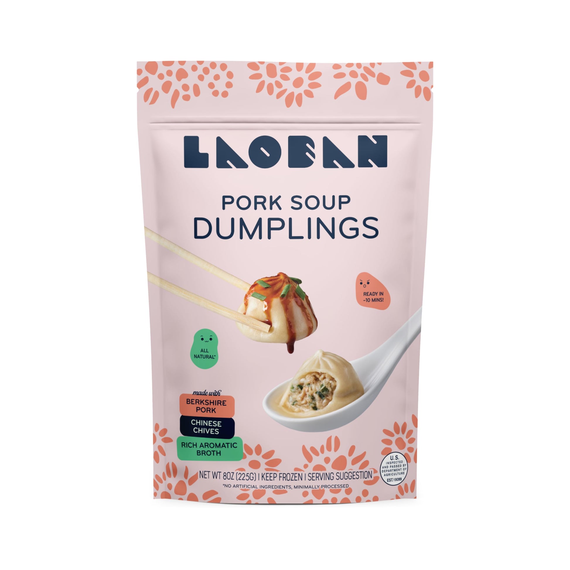 Laoban Dumplings?Pork Soup Frozen Dumplings?Berkshire Pork, Chives, Soy Sauce, Garlic, Carrots, Celery, Onion?Made from Scratch 