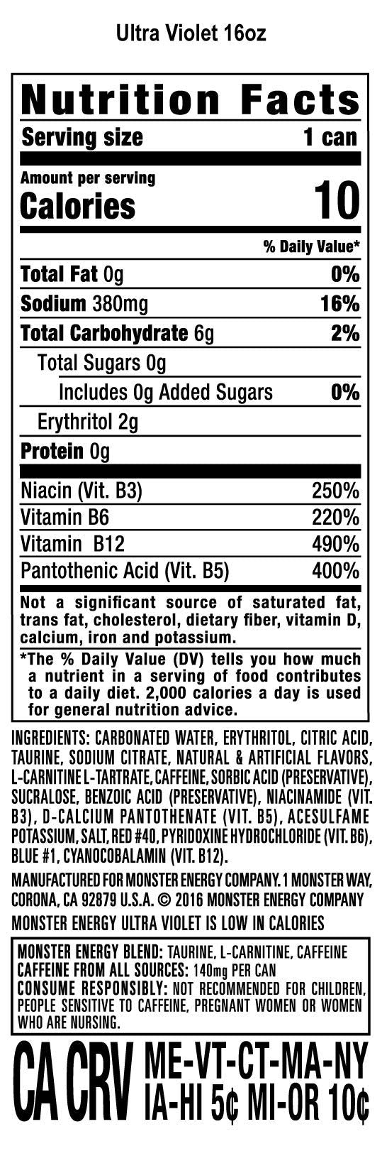 Monster Energy Ultra Violet, Sugar Free Energy Drink, 16 Ounce (Pack Of 15)