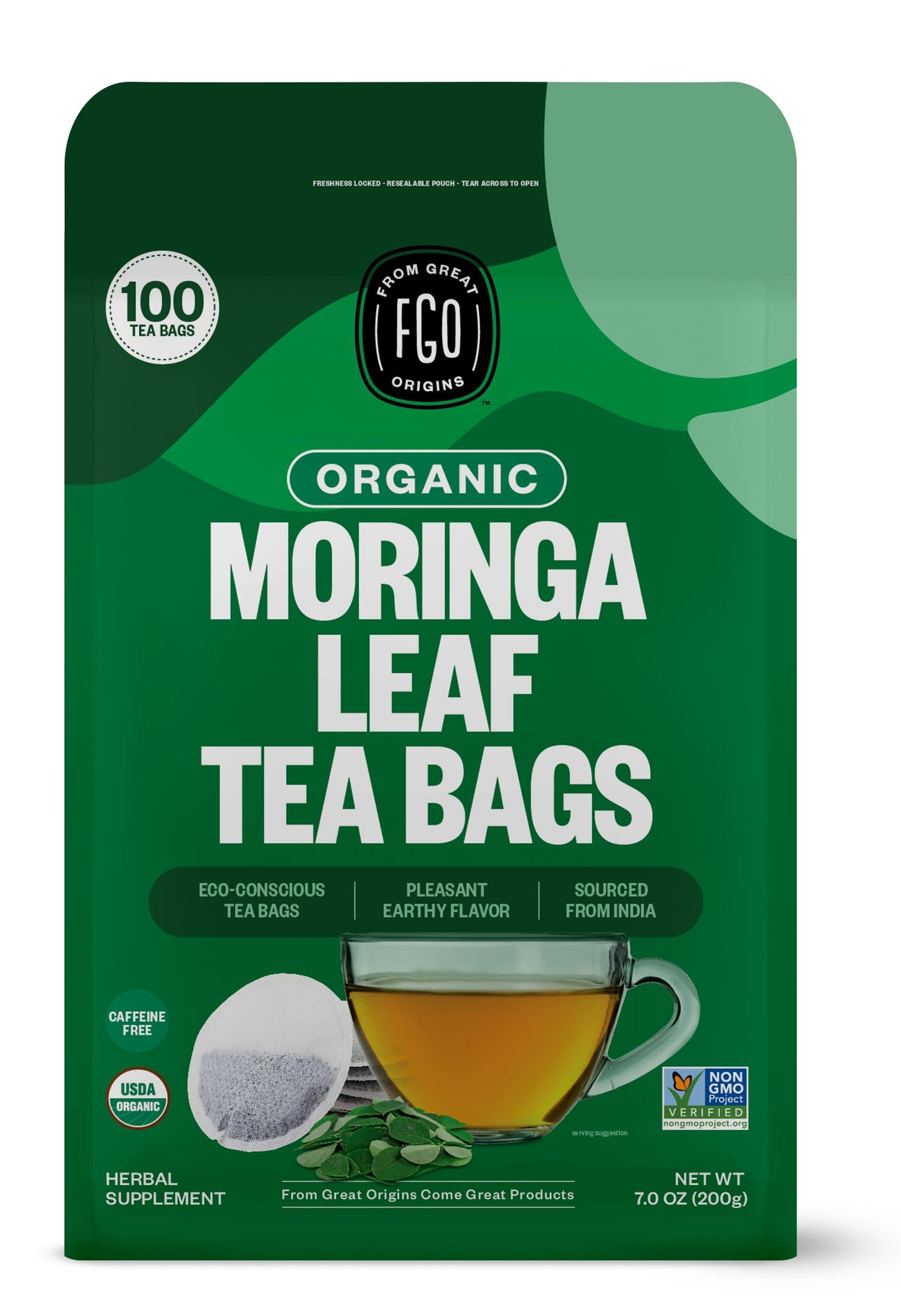 FGO Organic Moringa Tea Bags | Eco-Conscious Kraft Bag | 100 Count | Raw from India