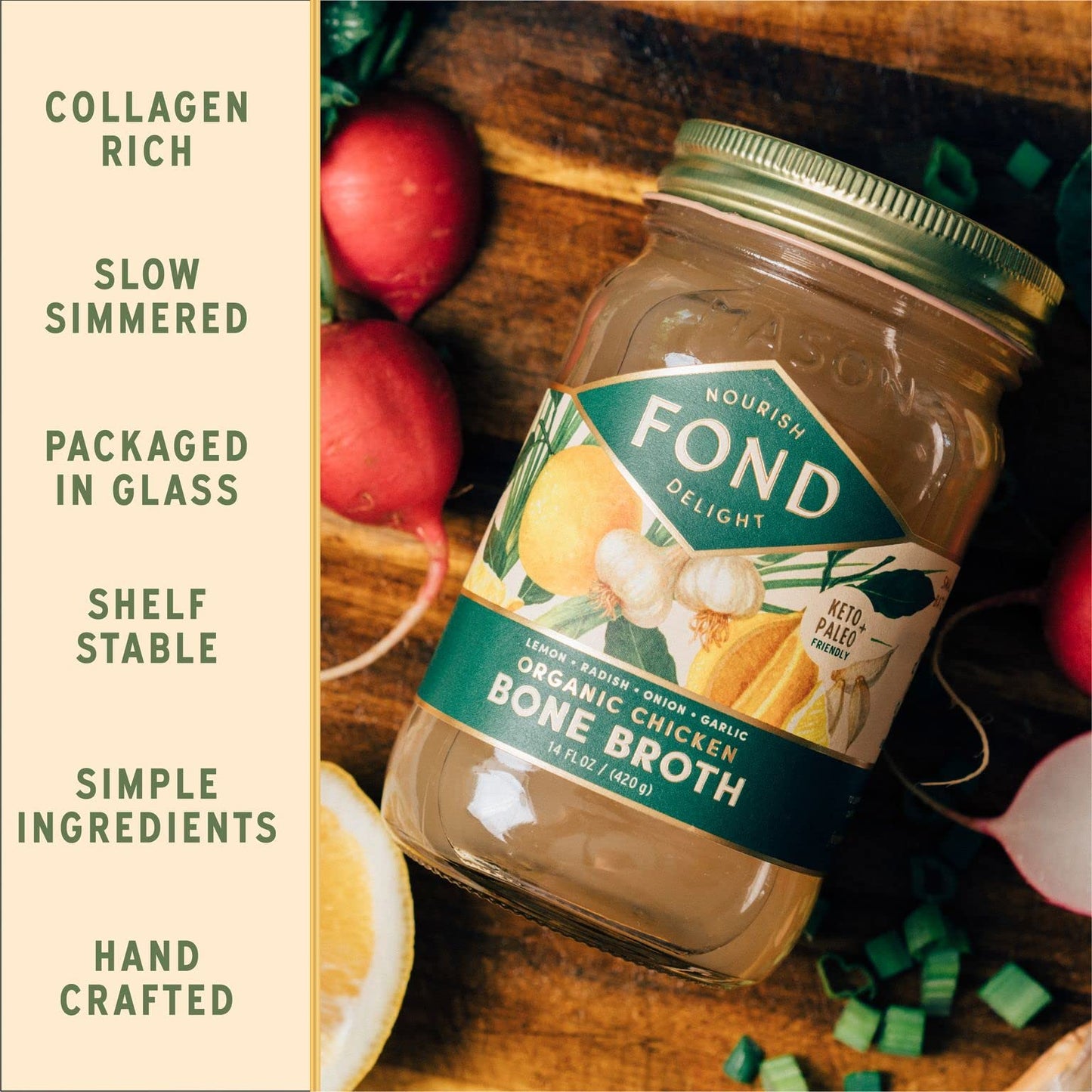 Fond Regenerative Pasture-Raised Chicken Bone Broth Infused With Organic Lemon & Garlic – Slow-Simmered Chicken Broth For Rich And Nourishing Flavor, Nutrient-Dense, Artisan Quality – 14 Oz (12-Pack)