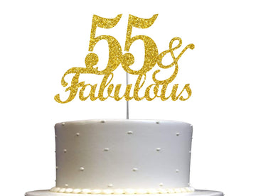 55  Fabulous Cake Topper Gold Glitter, 55Th Birthday Party Decoration Ideas, Premium Quality, Sturdy Doubled Sided Glitter, Acry