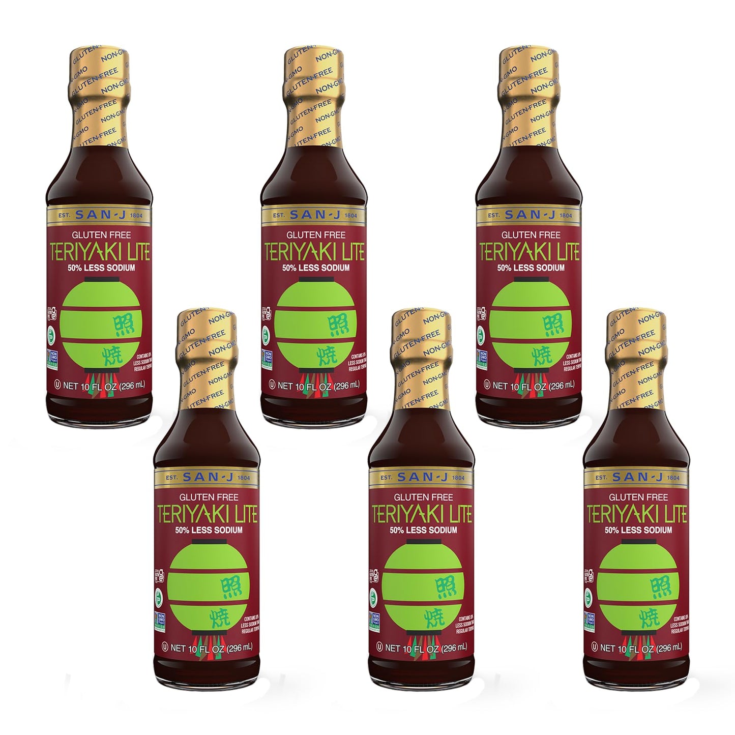 San-J - Gluten Free LITE Teriyaki Sauce with 50% Less Sodium - Well-balanced Sauce for Cooking - Non-GMO - 10 oz. Bottles - 6 Pa