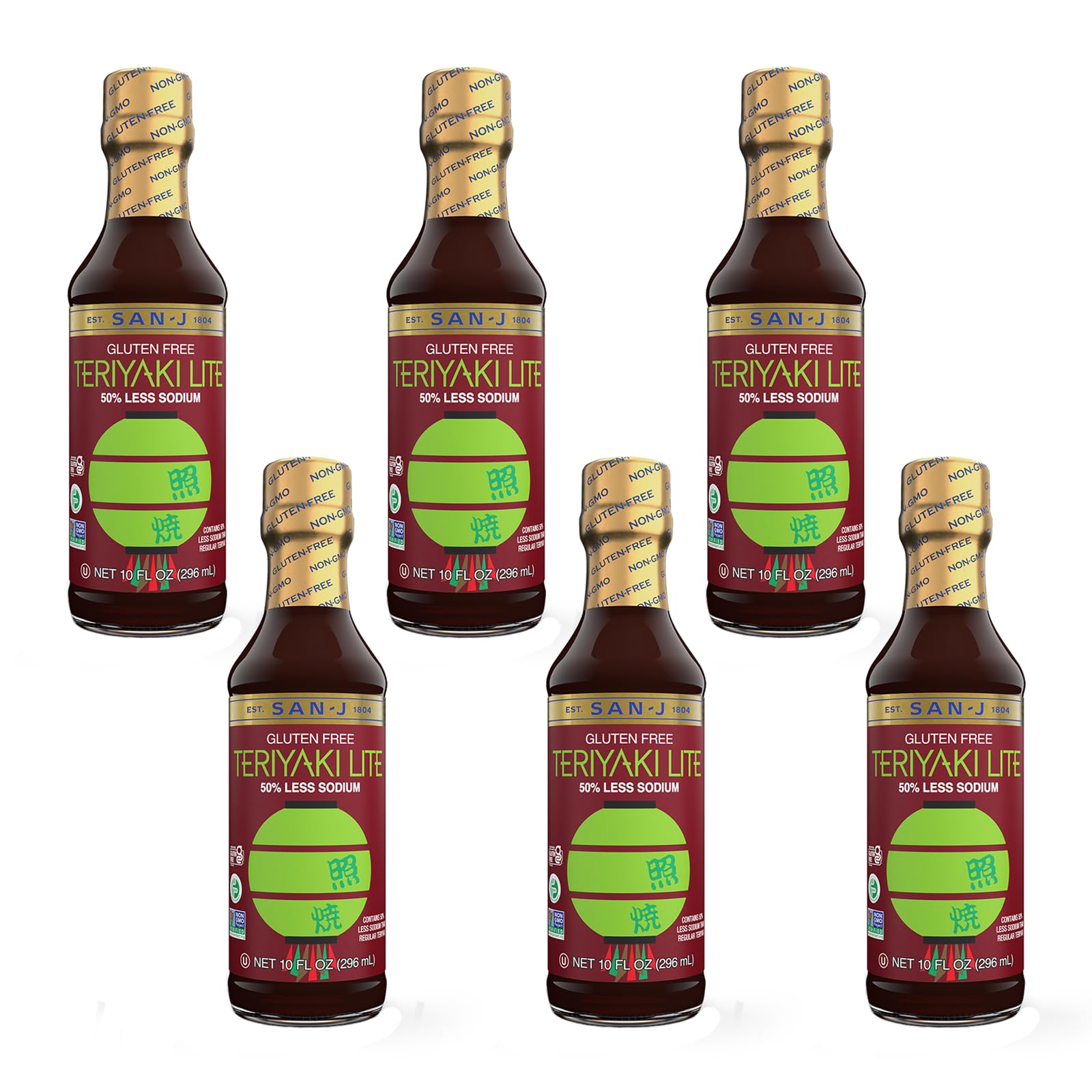 San-J - Gluten Free LITE Teriyaki Sauce with 50% Less Sodium - Well-balanced Sauce for Cooking - Non-GMO - 10 oz. Bottles - 6 Pa