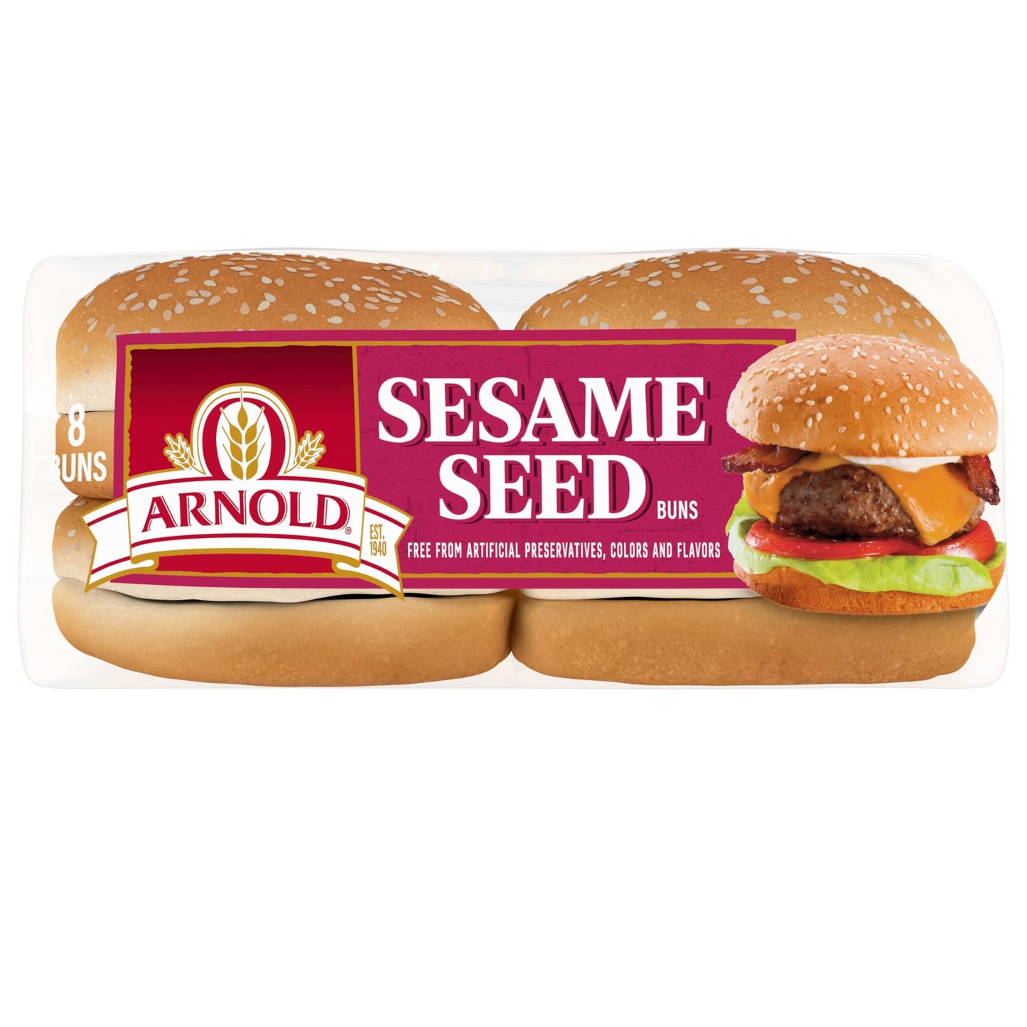 Arnold Sesame Seed Buns, 8 count, (2.0 oz each), White Hamburger Buns, 16 oz Bag