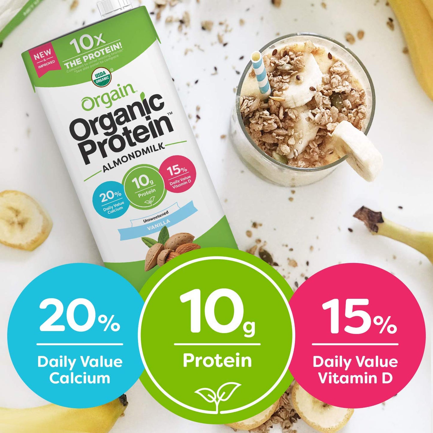 Orgain Organic Plant Based Protein Almond Milk, Unsweetened Vanilla - Non Dairy, Lactose Free, Vegan, Gluten Free, Soy Free, No