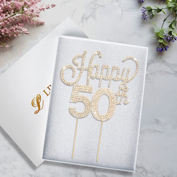 Lingteer Happy 50Th Birthday Gold Rhinestone Cake Topper - Cheers To 50Th Birthday Fifty Years Old Anniversary Party Cake Center