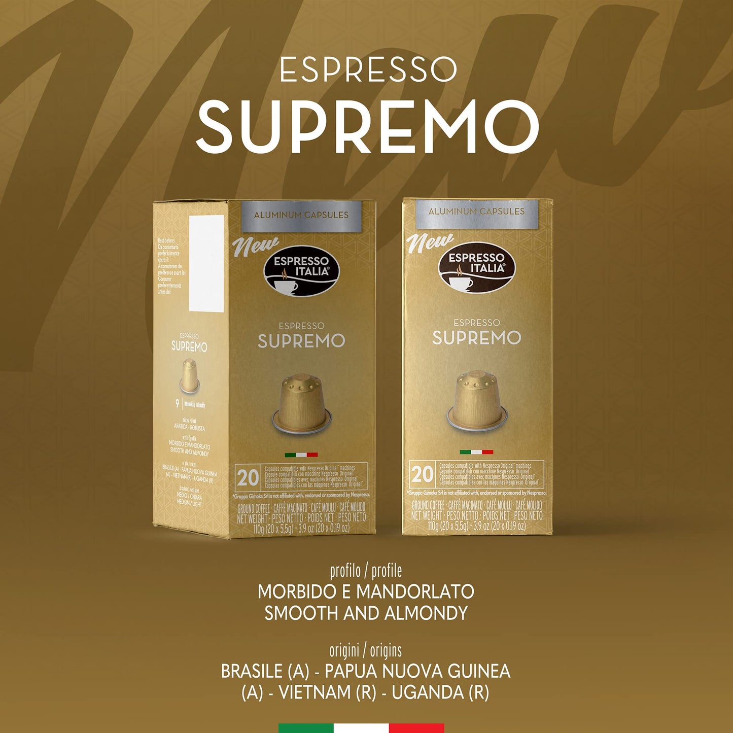 Espresso Italia Supremo Blend Coffee Pods - 100 Aluminum compact pieces Compatible with Nespresso Original Lines - 20 Count (Pack of 5)