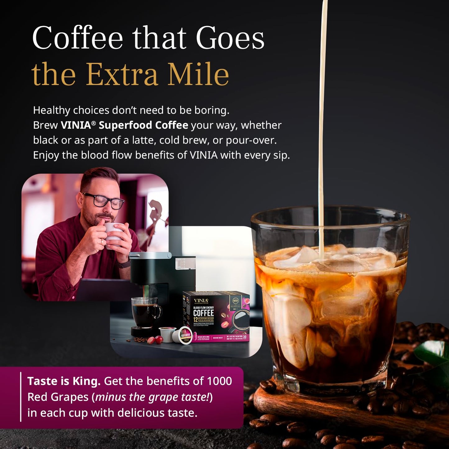 VINIA Coffee Pods - Medium Roast with Red G  Resveratrol, Compatible with K Cups, 30 Count