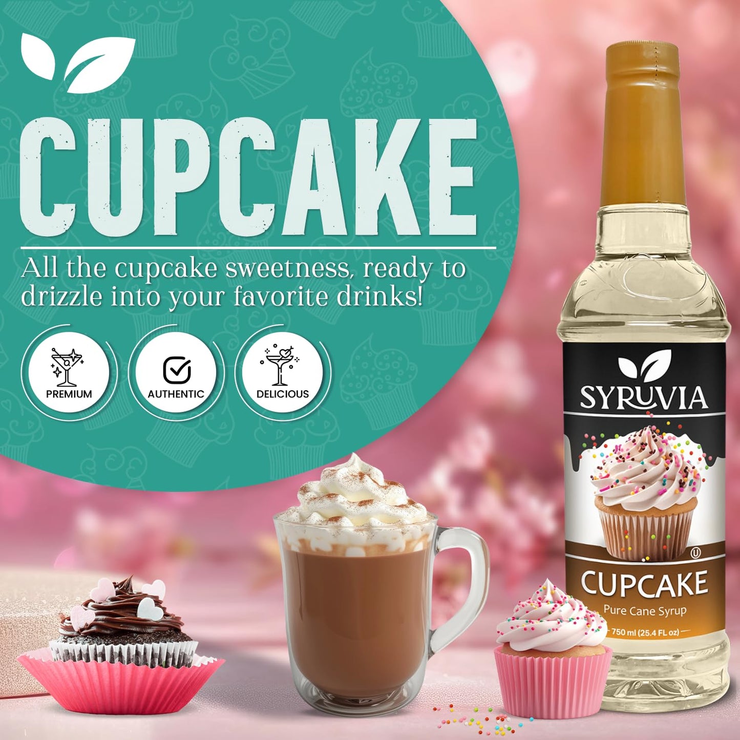 Syruvia Coffee Syrup  Cupcake Flavored Syrup for Drinks  Lattes  and Desserts - 25.4 fl oz