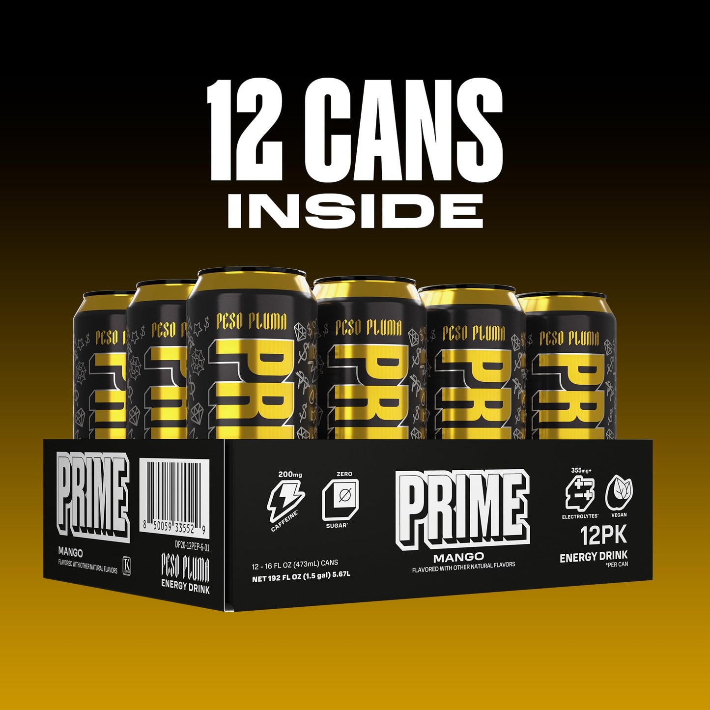 PRIME Energy PESO PLUMA  Zero Sugar Energy Drink  200mg Caffeine and 355mg of Electrolytes for Hydration  Vegan  Gluten Free 16 Fluid Ounce  12 Pack