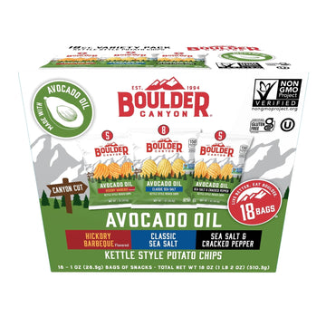 Boulder Canyon Avocado Oil Kettle Style Potato Chips Variety Pack, 18 Count - Gluten-Free, Non-GMO, Hickory Barbecue, Classic Se