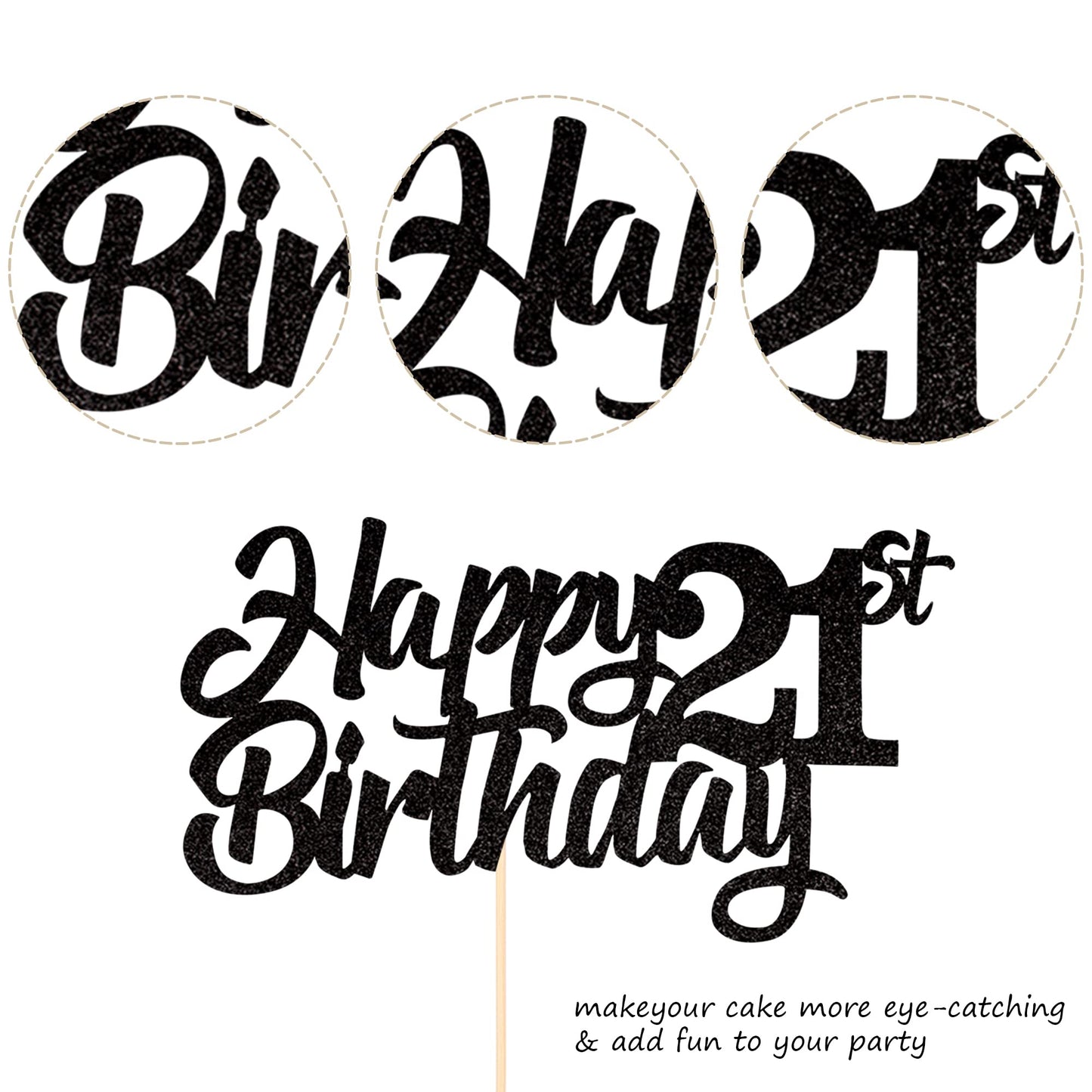 YCTHUNFISH 21st Birthday Cake Topper Glitter Paper Decoration Small Black