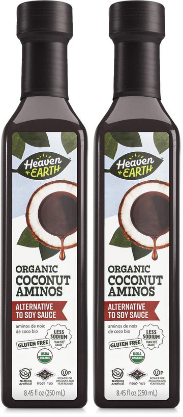 Heaven & Earth Organic Coconut Aminos, 8.4 oz (2 Pack) | Soy Free | Paleo Friendly | Low Sodium | Soy Sauce Replacement | Kosher