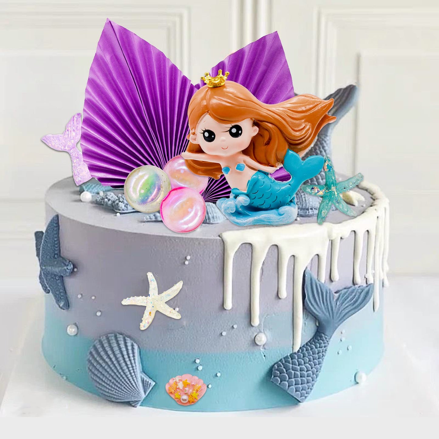 Lukinuo Mermaid Cake Toppers 24Pcs Little Mermaid Figurine Under The Sea Cake Topper Seaweed Palm Leaves Bubble Starfish Shell M