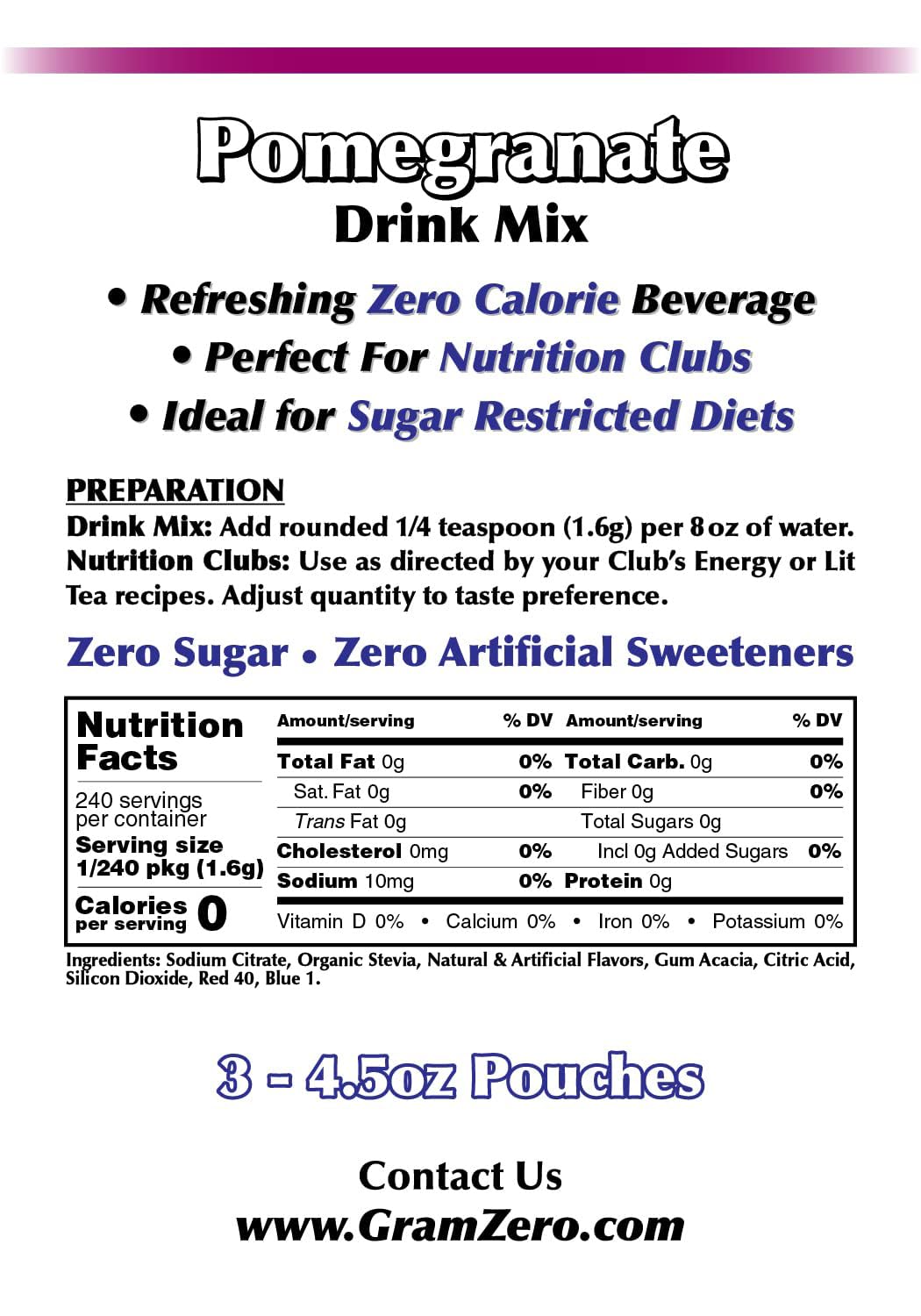 Gramzero Pomegranate Zero Calorie Sugar Free Drink Mix, Great For Nutrition Club Loaded Teas, Stevia Sweetened