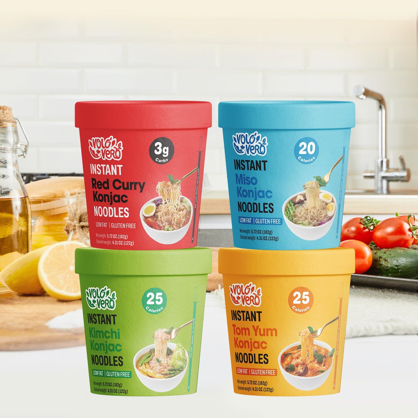 Volo Vero Konjac Noodle Variety Pack -Tom Yum, Miso, Kimchi,''Spicy'' Red Curry, 6 Pack Low Carb Instant Shirataki Noodles Angel