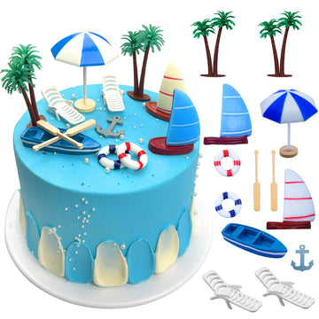 Lebery Beach Cake Topper 13Pcs Hawaiian Cake Toppers Decoration Summer Ocean Cake Topper Beach Chair Umbrella Boat Palm Tree Cak