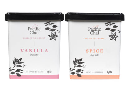 Pacific Chai Latte Mix Variety Pack, 1 Vanilla Chai Latte & 1 Spice Chai Latte, 9 Ounce Canisters (2 CT Variety Pack)