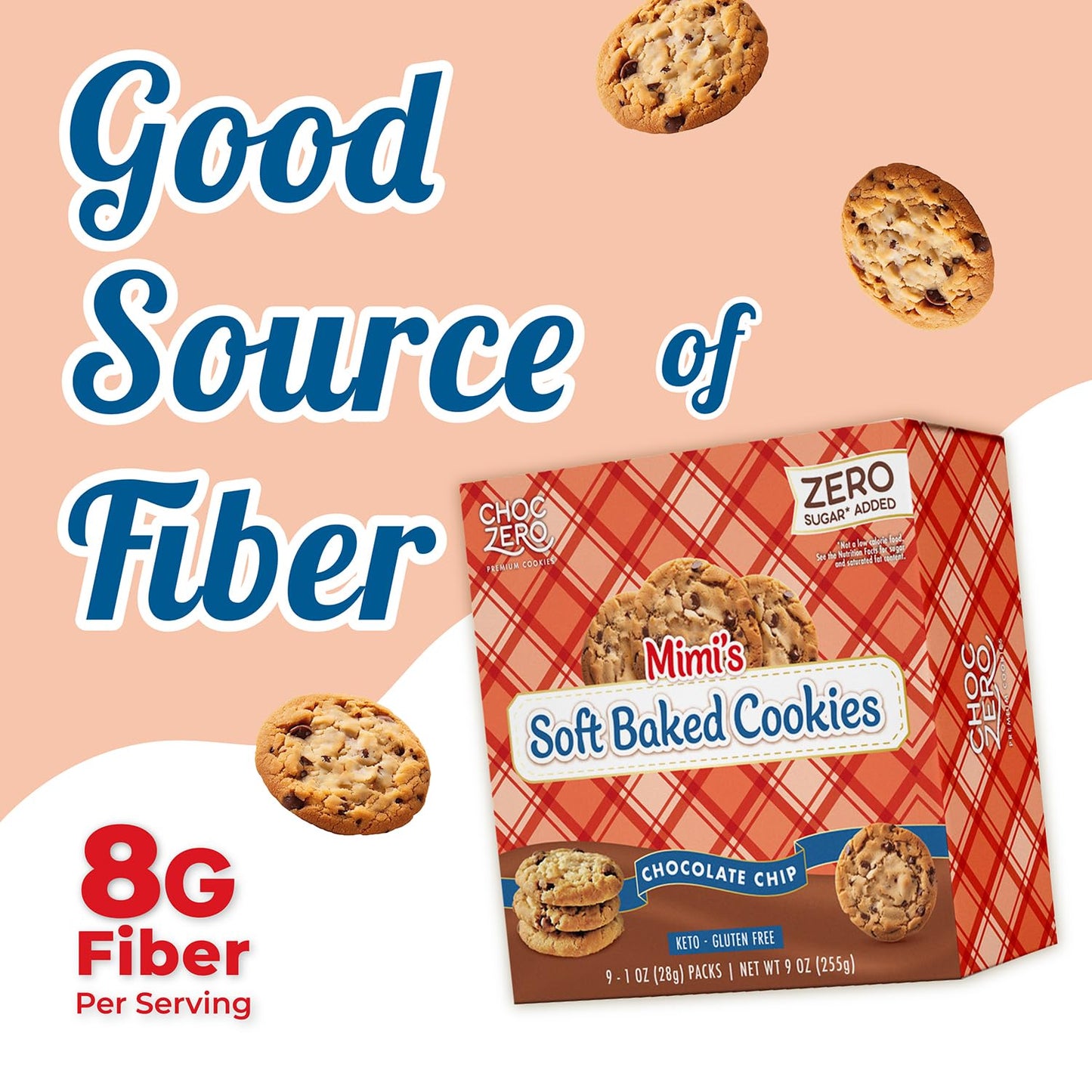Choczero Gluten-Free Soft Baked Chocolate Chip Cookies, Low Carb, High Fiber, Keto Friendly Cookies (1 Box, 9Oz)
