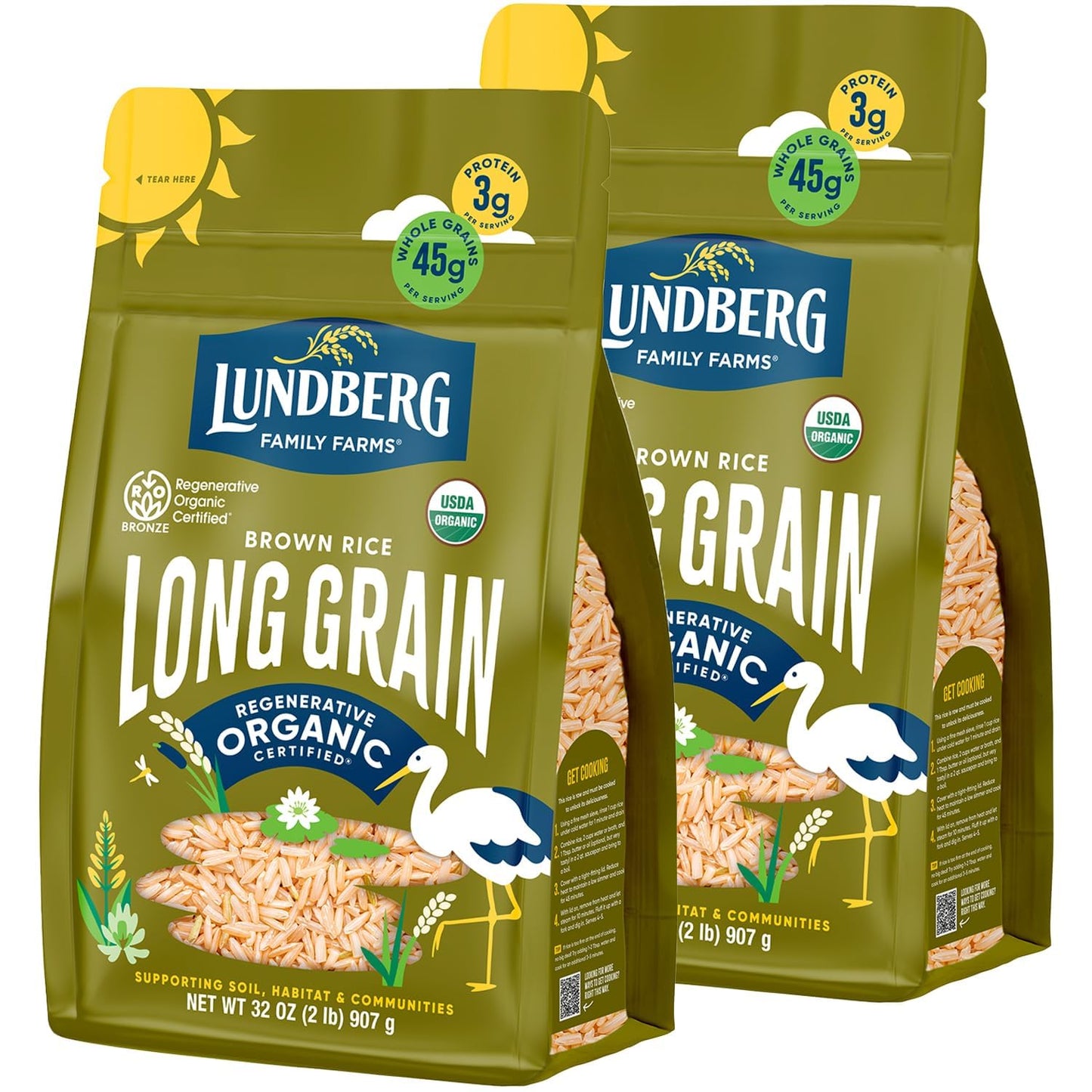 Lundberg Brown Rice  Regenerative Organic Certified  2-Pack - Non-Sticky  Aromatic Long Grain Rice  Responsibly Grown in California  32 Oz Ea