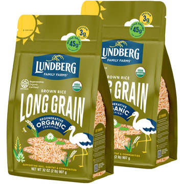 Lundberg Brown Rice  Regenerative Organic Certified  2-Pack - Non-Sticky  Aromatic Long Grain Rice  Responsibly Grown in California  32 Oz Ea
