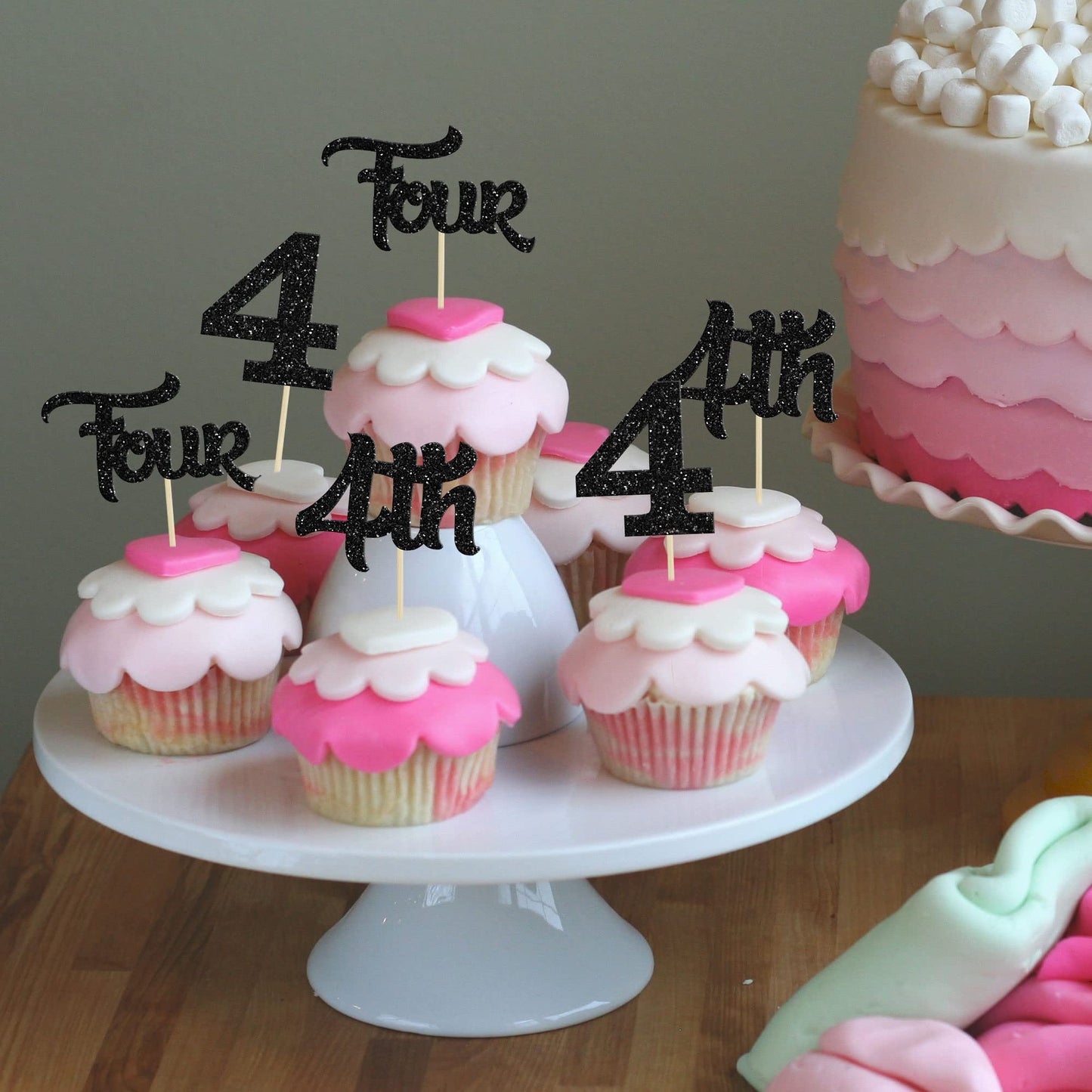 24Pcs Four Cupcake Toppers Glitter 4th Birthday Cupcake Pick Decorations for Baby Shower 4th Birthday Party Cake Decorations Sup