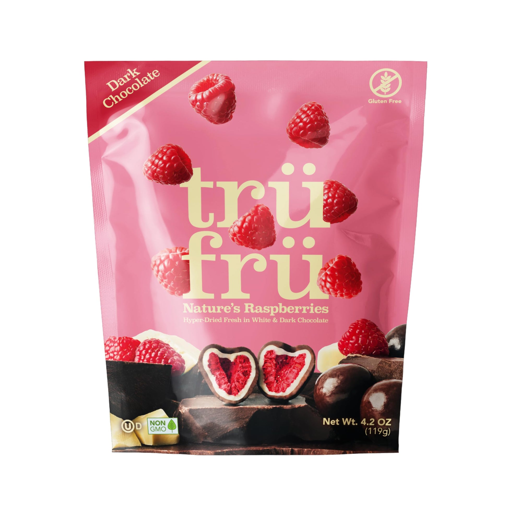 Tru Fru NatureS Raspberries Hyper-Dried Fresh In Dark Chocolate  4.2 Ounce Bag