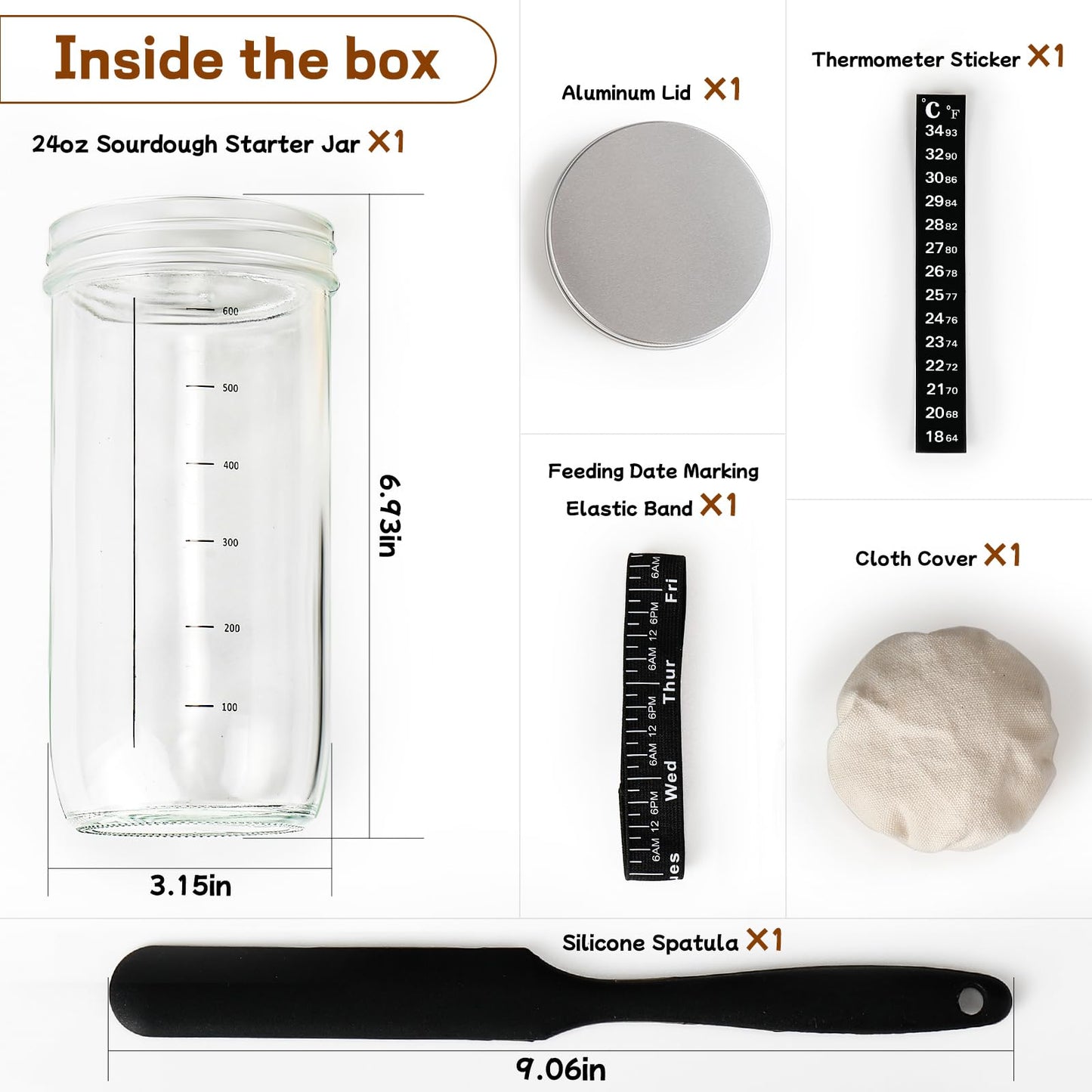 Sourdough Bread Baking Supplies 24 oz Sourdough Starter Jar Glass  Sourdough Starter Kit with Date Marked Feeding Band  Thermometer  Silicone Scr  Sewn Cloth Cover & Aluminum Lid  Sourdough Jar
