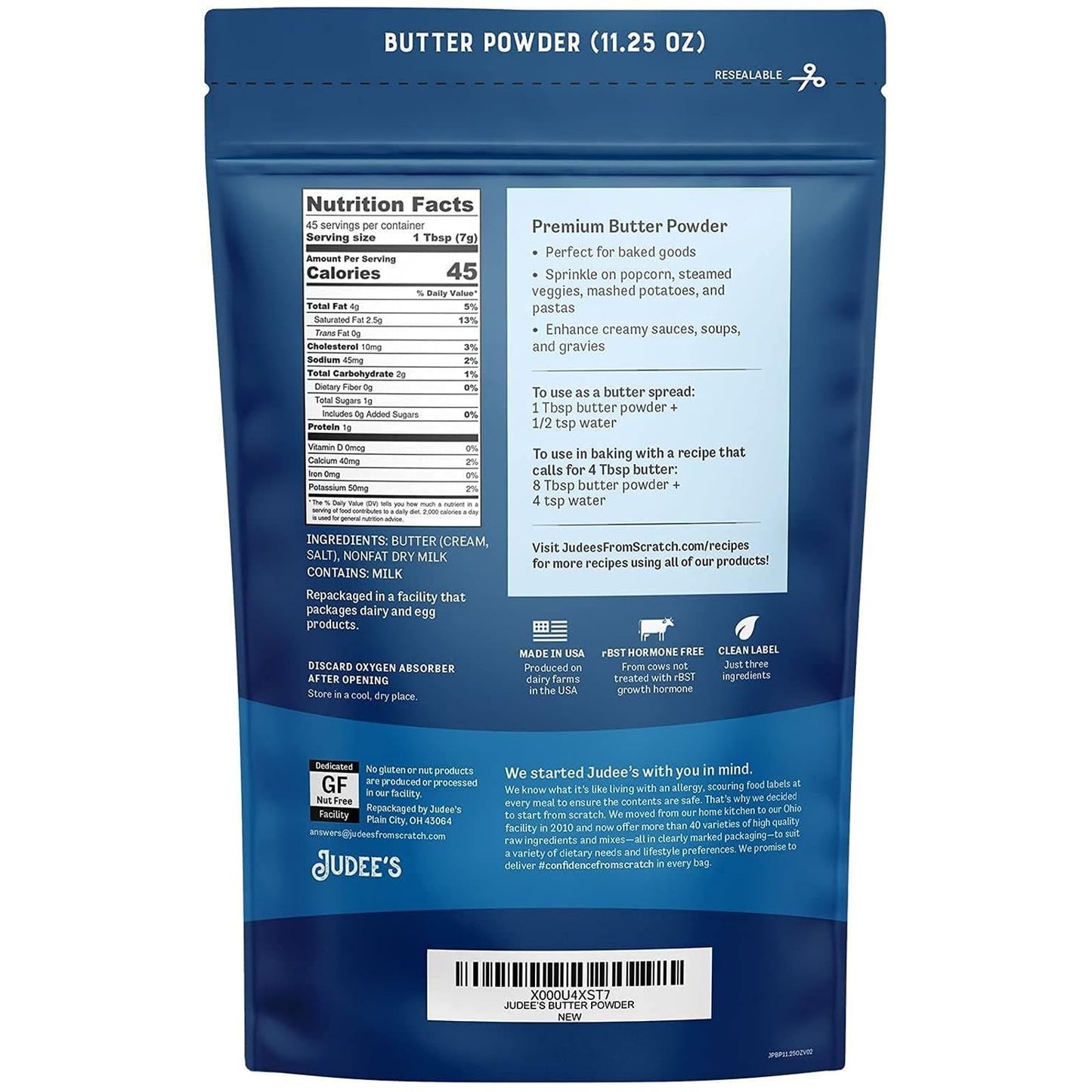 Judees Butter Powder - 100% Non-GMO, Keto-Friendly, Gluten-Free - 11.25oz