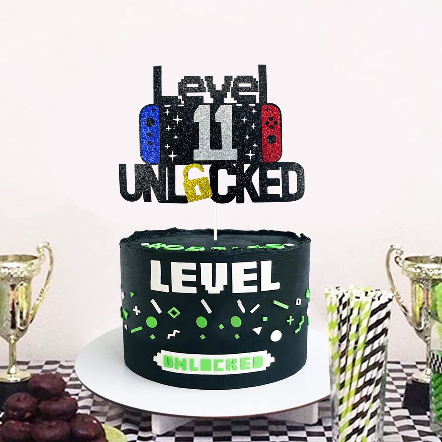 ximoogoooz Video Game Cake Topper for 11th Birthday, Neon/Iridescent, Paper, Kids Party Decoration