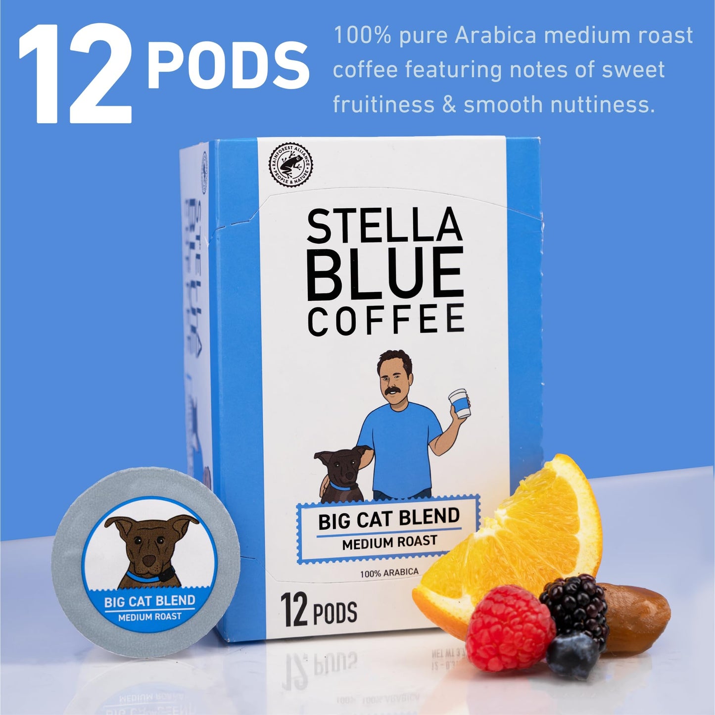 Stella Blue Fresh K Cup Coffee Pods - Big Cat Blend - 100% Arabica Medium Roast - Ethically & Sustainably Sourced From Central A