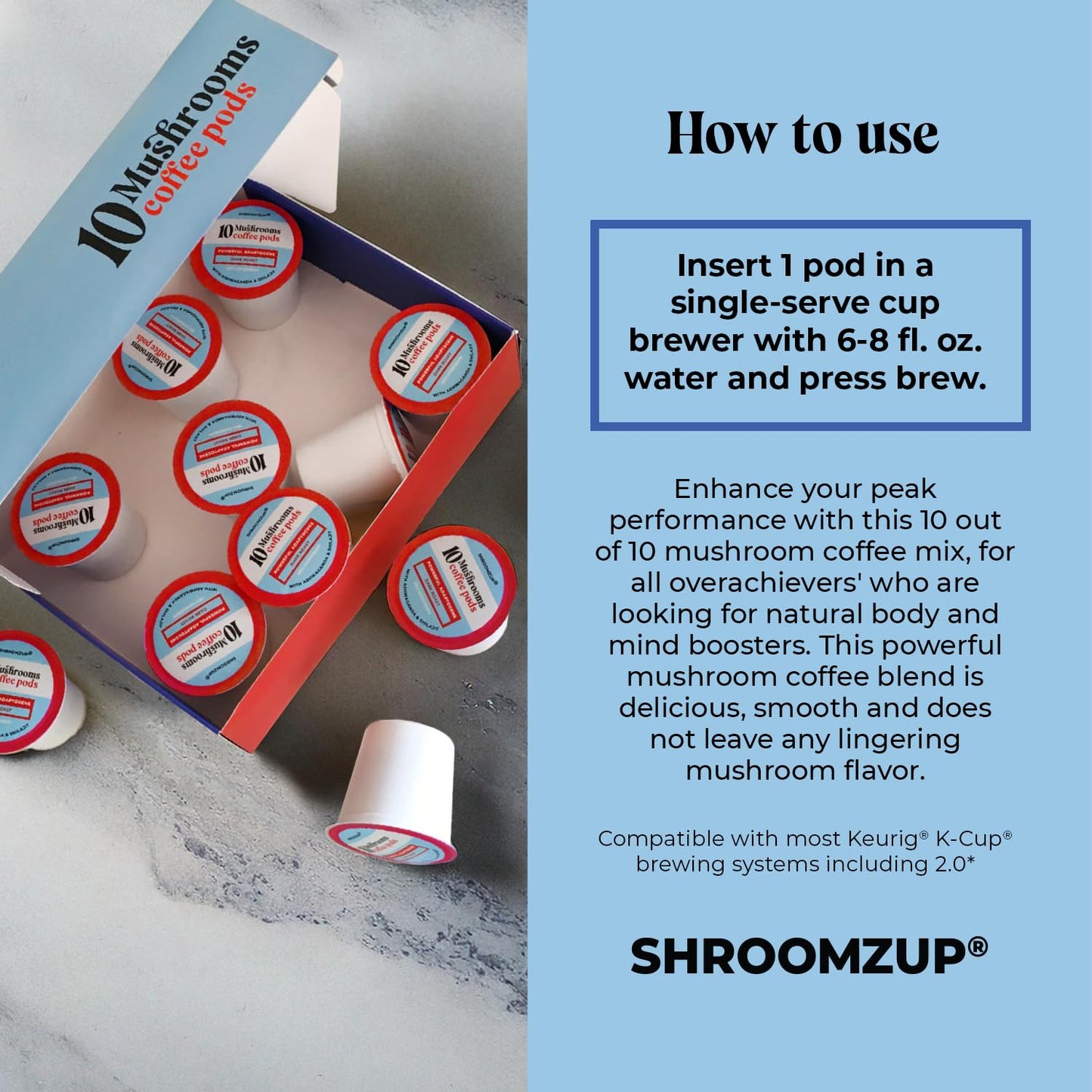 Shroomzup Mushroom Coffee K Cups 12 Pods - 10 Mushroom Coffee With Ashwagandha And Shilajit - Dark Roast Single Serve K-Cup Pods