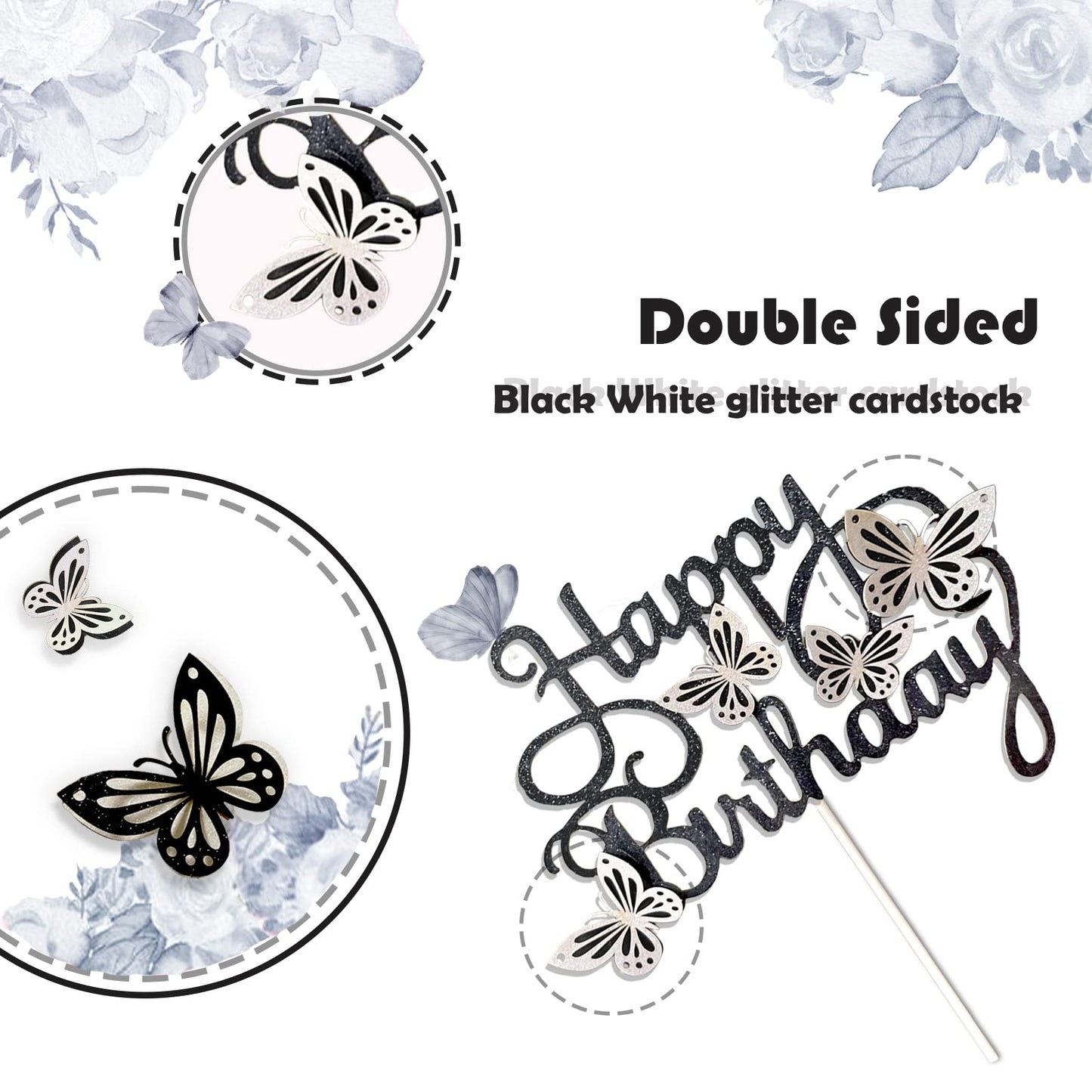 MILIYUKI Butterfly Cake Toppers, 13-Piece Set, 3D Paper Decoration, Black White, Model HB-176